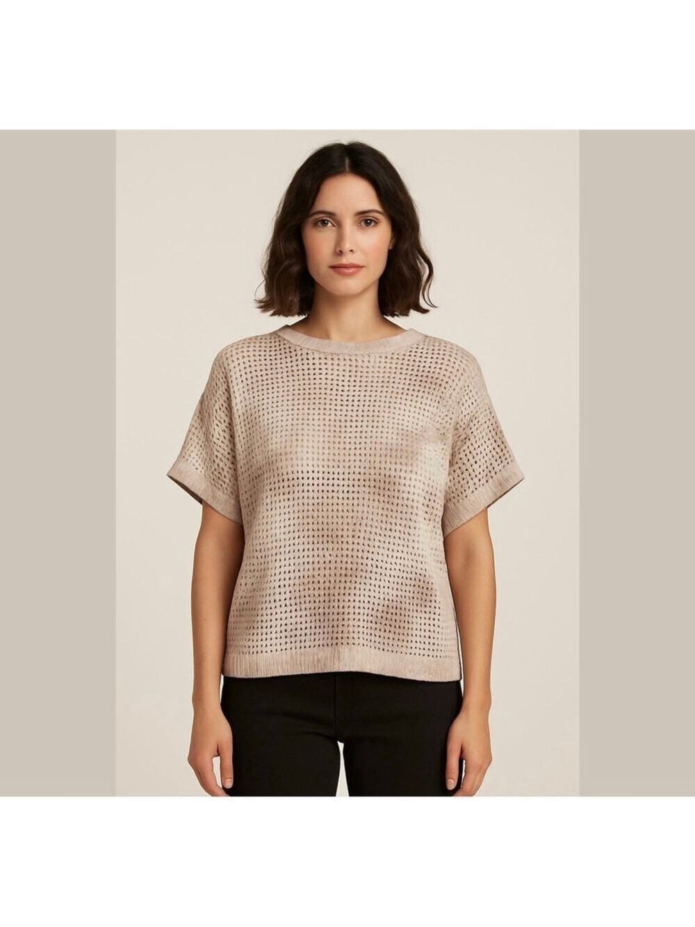 Marled Open Knit Beige White Tie Dye Cotton Bld Sweater Dolman short sleeve Sz L